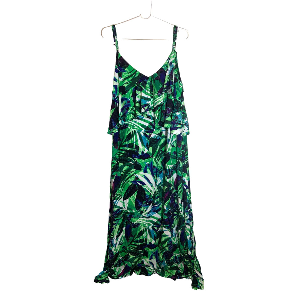 Women's Mark Tropical Print V-Neck Spaghetti Strap Dress Green Size 1X 18W-20W